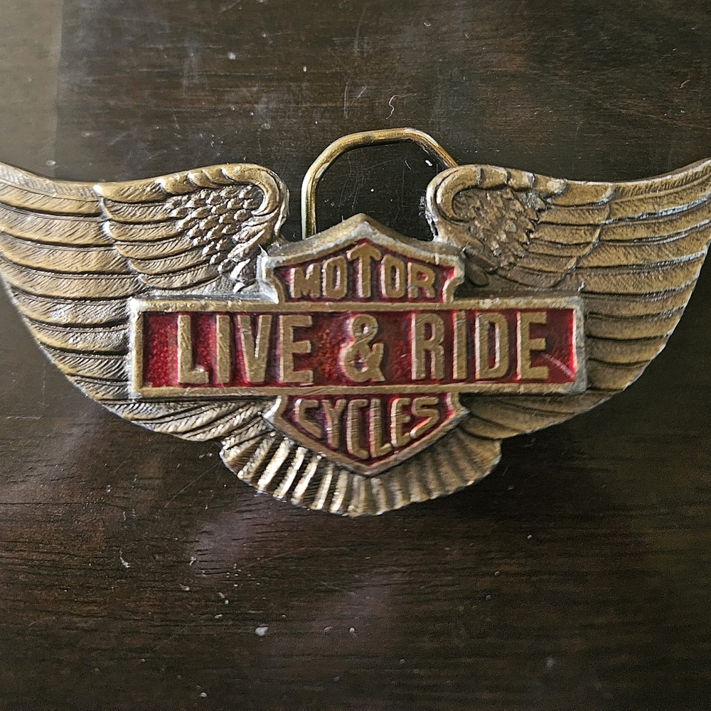Motorcycles Live & Ride Belt Buckle Gold and Red. Rare